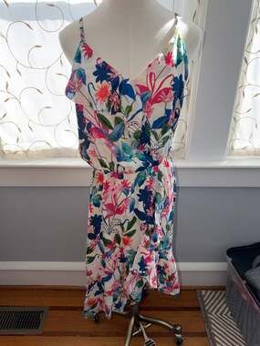 Parker 100% Silk Ruffle Front High-Low Floral Fiesta Dress Size Medium